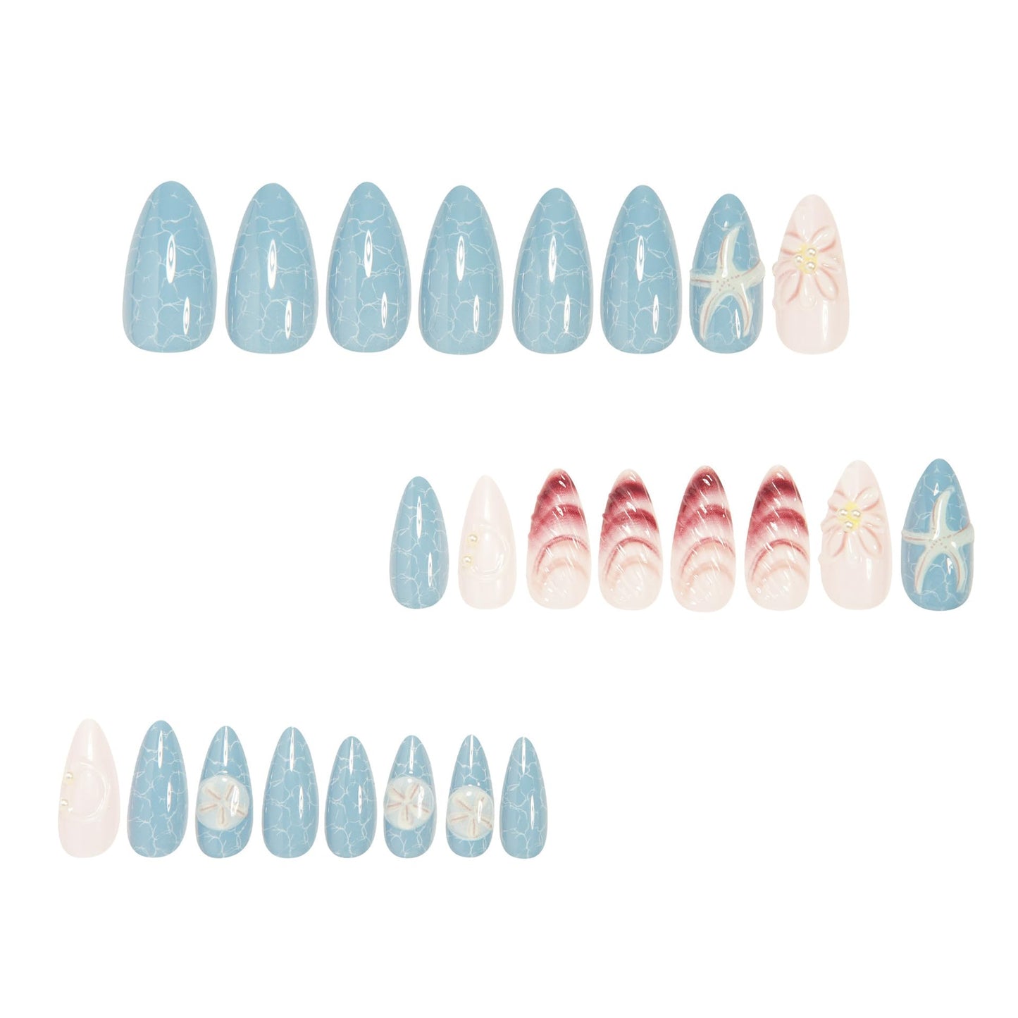 IMRAIN Almond Press on Nails Medium Fake Nails with 3D Sea Star, Shell Design Blue Glossy Full Cover Acrylic False Nails Stick on Nails for Women Girls DIY Manicure 24Pcs