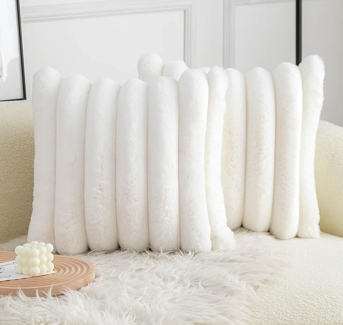 Neelvin Cream White Faux Fur Cozy Soft Striped Decorative Throw Pillow Covers 16x16 inch Set of 2,Velvet Pillowcase Cushion Case for Sofa Couch
