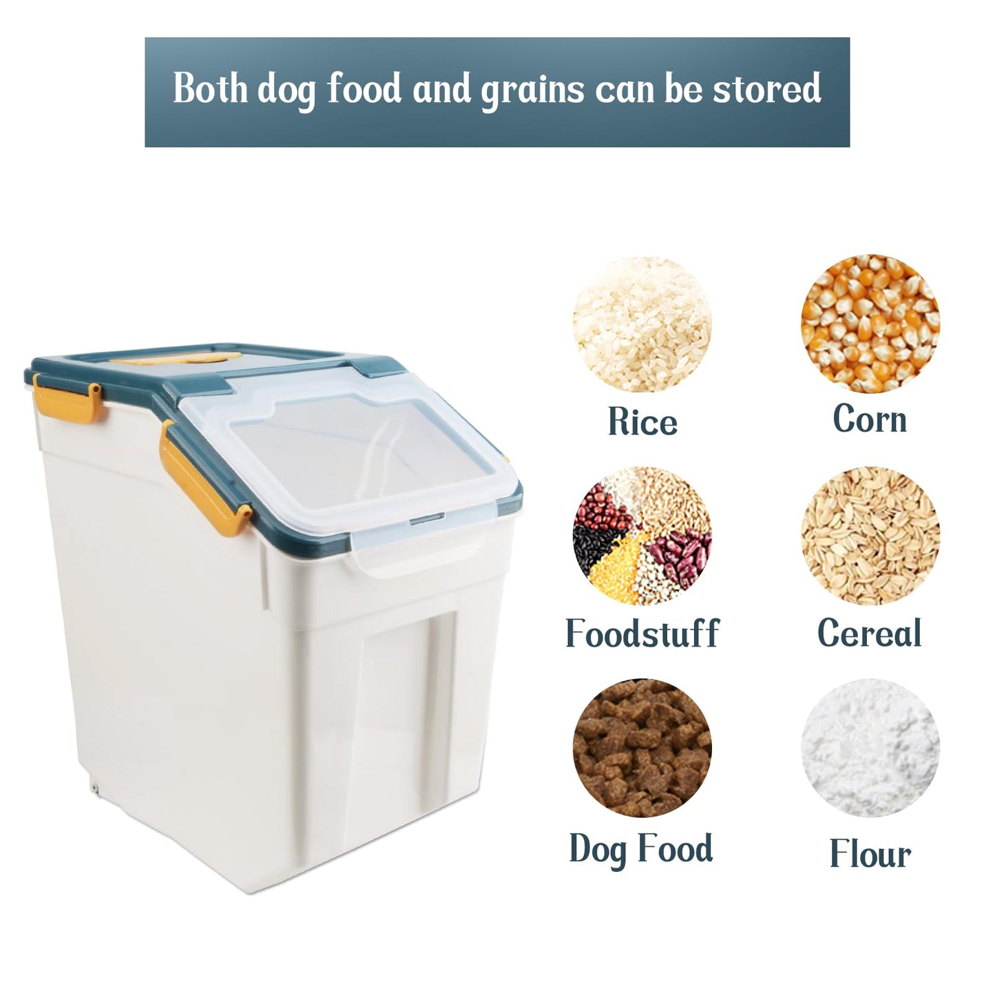 Begino Large Flour Storage Container Bin 50lb, 2Pack Airtight Rice Storage Containers with Wheels Seal Locking Lid, BPA Free with Measuring Cup&Scoop for Flour, Rice, Grain(Blue)