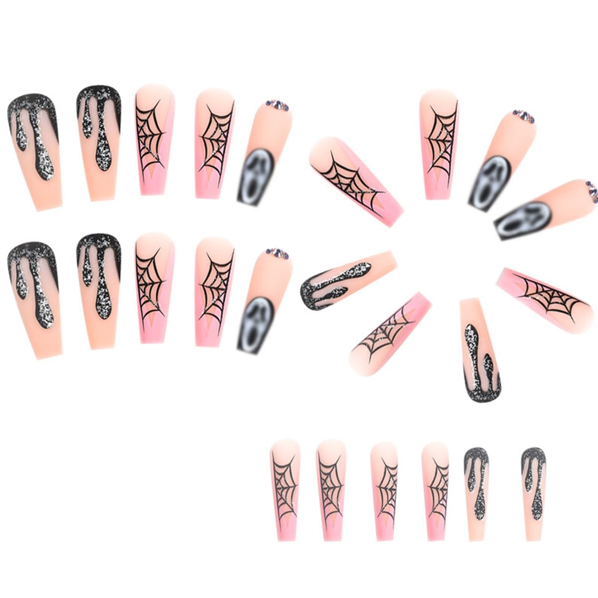 Halloween Press on Nails Long Square Fake Nails with Design Spider Web Glue on Nails Ghost Drop Stick on Nail Full Cover Coffin Acrylic Nail Press ons for Women Manicure 24 Pcs