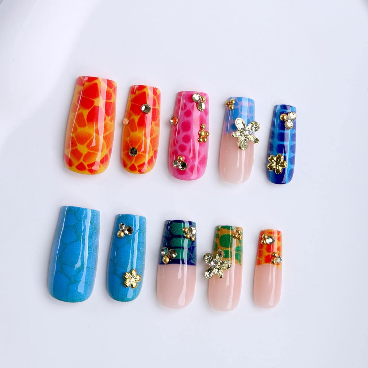 plalely Press on Nails French Tip, Handmade Acrylic Press on French Tip Nails with Flower Designs，Long Square Nail Press Ons for Women 24pcs