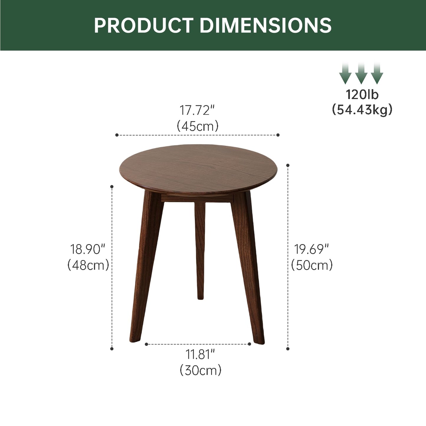 Vadisun 100% Solid Oak Round Side Table, Small Table w/Stable Frame, Round End Table, Small Side Table for Living Room, Bedroom, Couch(Walnut, 17.71" D x 19.68" H)