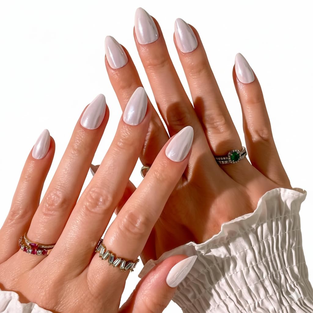 PaintLab Press On Nails - Glossy Glazed Chrome Short Almond Fake Nails, 30 Nails in 15 Sizes with Glue, Reusable Salon Quality Press On Nails