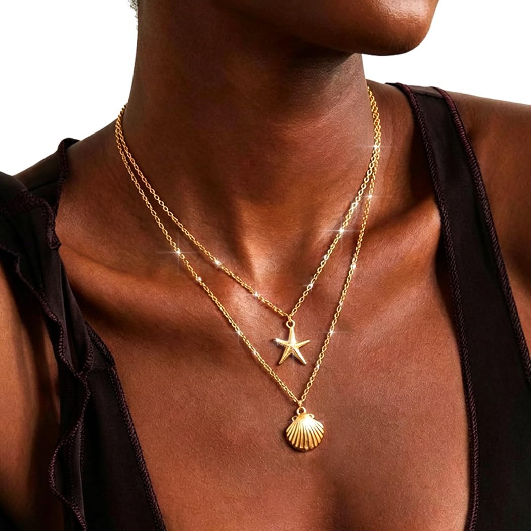 Tgirls Boho Starfish Layered Necklace Shell Pendant Necklace Silver Necklaces Chain for Women (Gold)