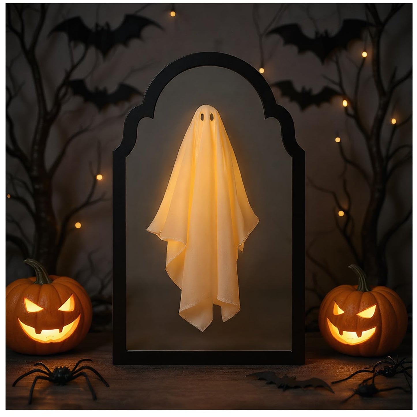 QIPECO Halloween Hologram Ghost Mirror with Creepy Eyes Night Light,Halloween Ghostmirror Spooky Halloween Haunted House Decor,Black Wood Frame (L)