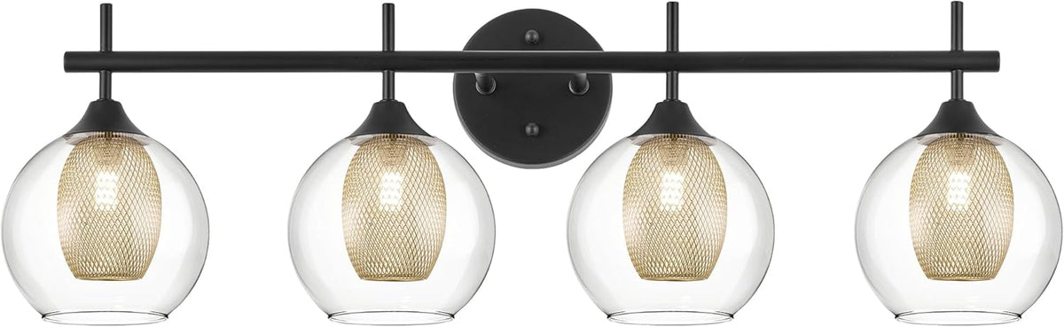 Bathroom Light Fixtures, 4-Light Black and Gold Vanity Lights Over Mirror, 30inch Farmhouse Wall Sconce Lighting with Clear Glass and Honeycomb Metal Shade, AD-22001-4W-BK