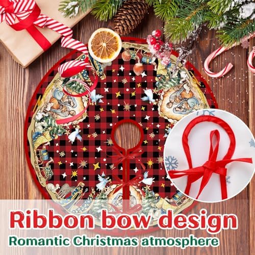 Reversible Nativity Scene Christmas Tree Skirt 36 Inch Religious Christmas Tree Mat Jesus Christian Christmas Tree Skirt Buffalo Plaid Holy Night Winter Holiday Tree Mat Decoration