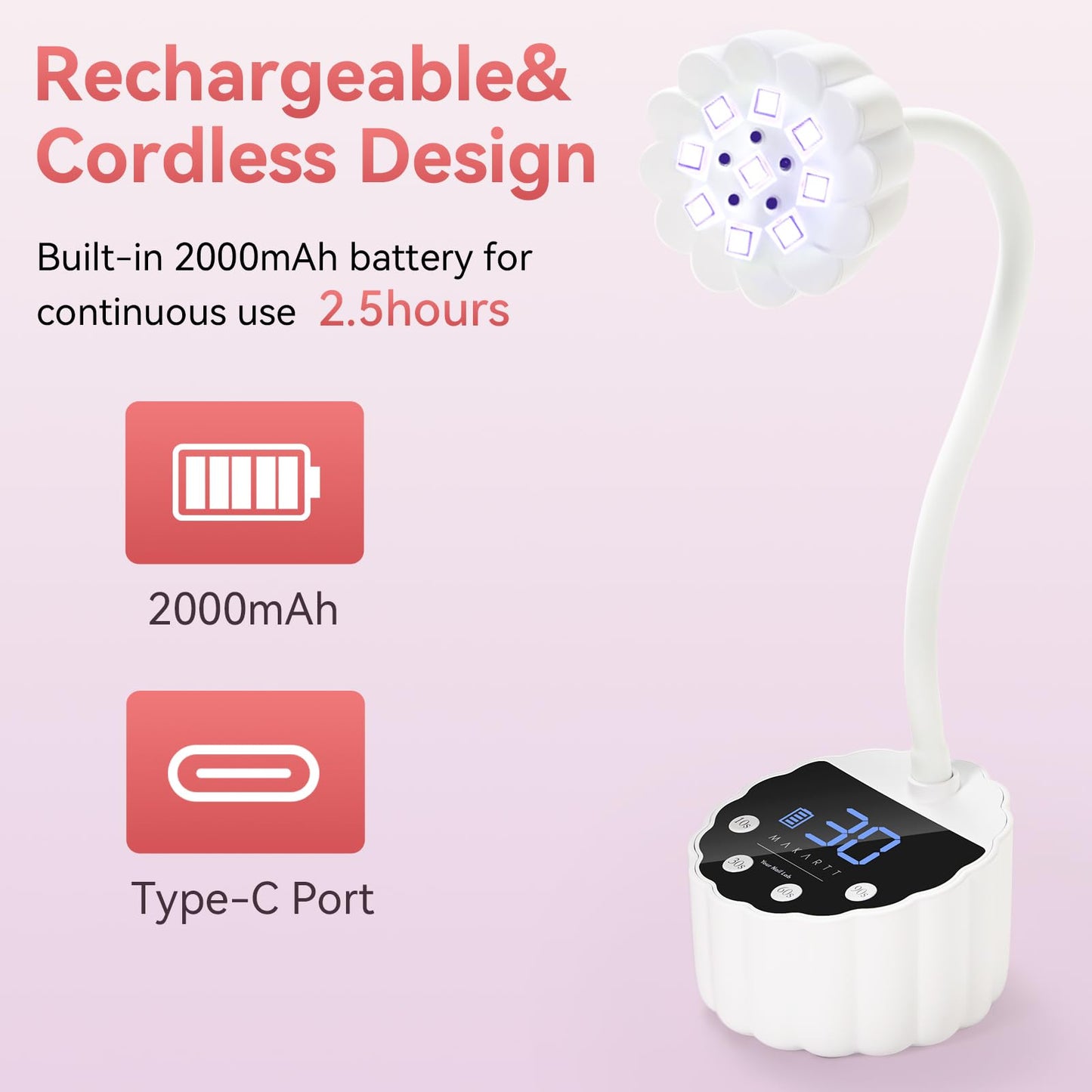 Makartt UV LED Nail Lamp - Gooseneck 58mW/cm² Flash Cure Lamp Rechargeable UV Light for Gel Nails with 4 Times & Auto Sensor USB Cordless Fast Curing Nail Art Design for Salon Home DIY (White)