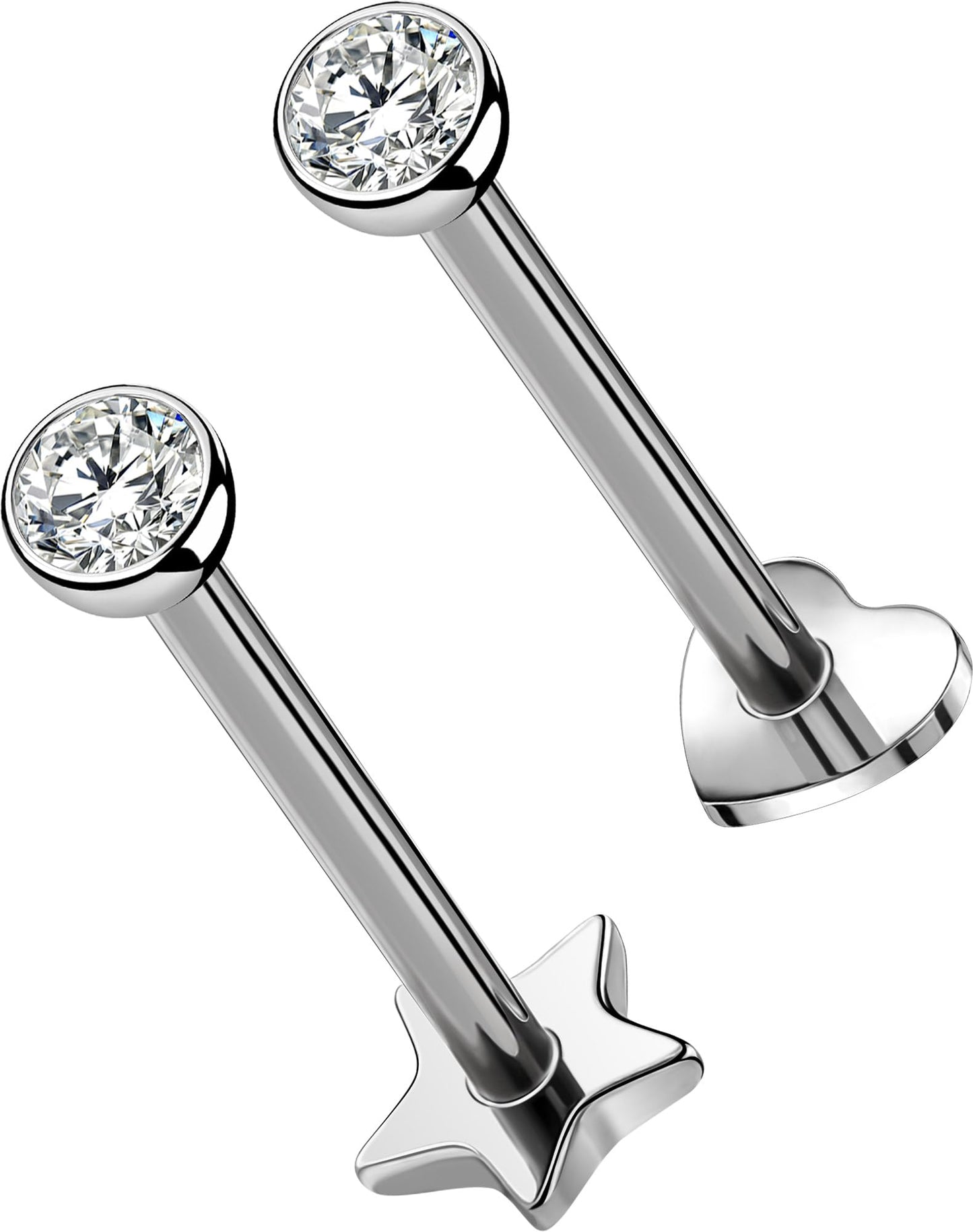 OUFER 2Pcs Conch Piercing Jewelry, 16G G23 Solid Titanium Push in Earring Stud Flat Back Star Heart Shaped Tiny CZ 3MM Silver Helix Cartilage Conch Lobe Earrings for Women Men-12MM