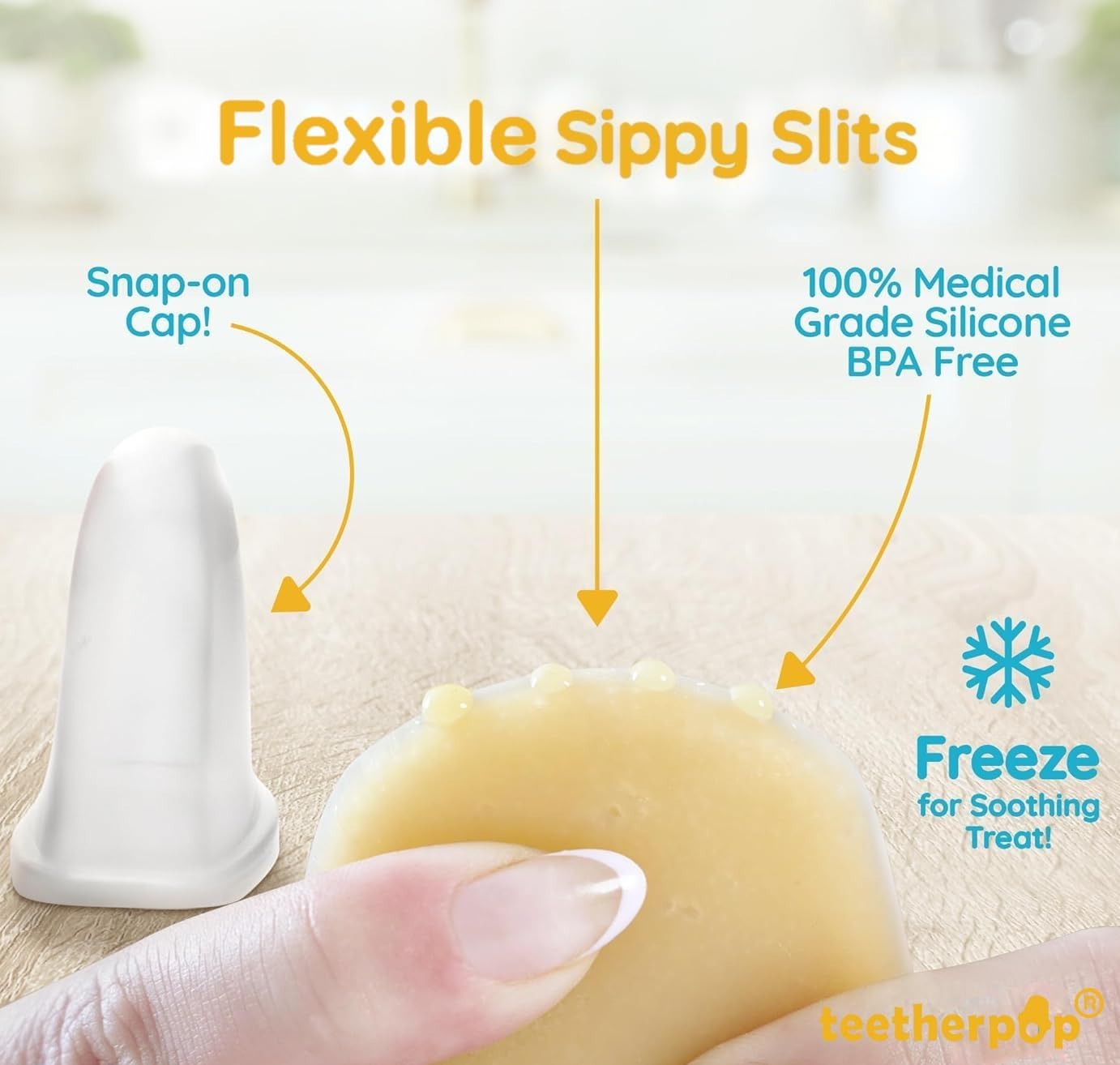 Teetherpop Fillable Silicone Teether for Babies (3-Pack) – Breastmilk Popsicle Molds for Teething w/Spill-Proof Sippy Slits – Baby Teethers for Liquid & Purée – Cooling Teething Relief (BlueOrange)