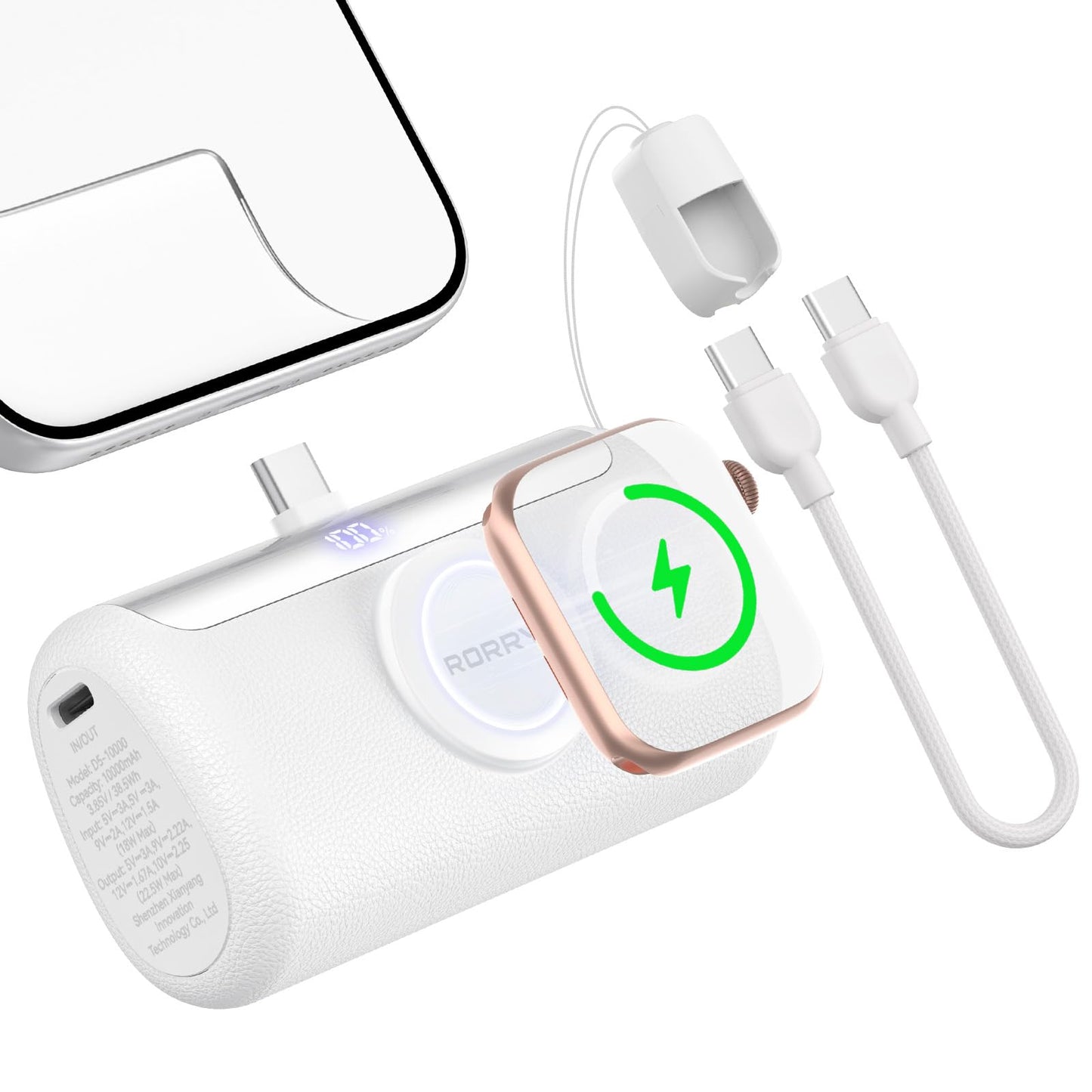RORRY PalmGo Portable Charger, 10000mAh PD 22.5W Fast Charging Mini Power Bank with Built-in USB C Connector, 3-in-1 Battery Pack for iPhone 17/16/15 Pro/Max, Apple Watch Ultra/11/10/SE, iPad, White