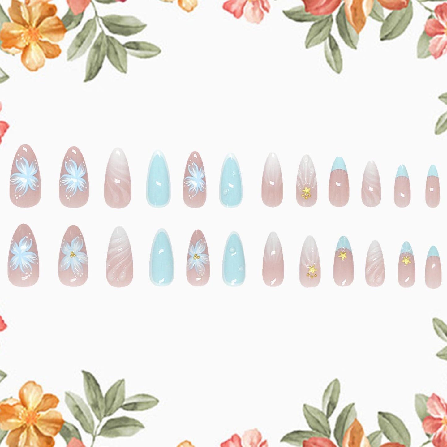 Flower Press on Nails Medium Almond Artificial Acrylic Fake Nails French Blue 3D Floral Starfish with Gold Beads Stick on Nail Full Cover Reusable Coffin Artificial Fingernails for Women Manicure