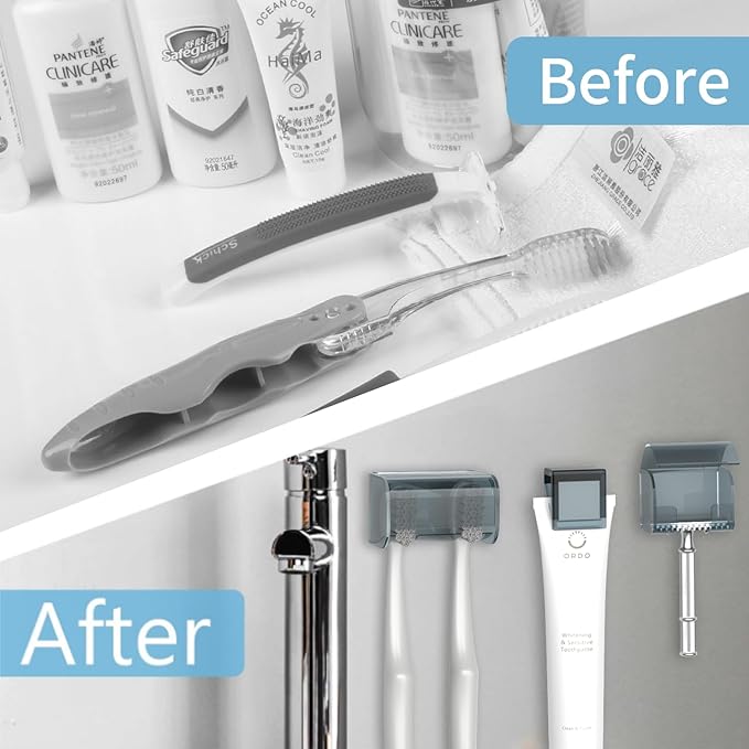3 Pack Toothbrush Holders Toothpaste Clip and Razor Holder with Cover for Bathroom,Wall Mounted, Self Adhesive, Waterproof, 2 Slots Plastic Toothbrush Organizer Storage