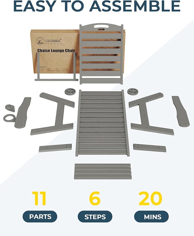 Ciokea Lounge Chair Outdoor, Oversized Chaise Lounge Chair with 5 Positions, HDPE, Patio Lounge Chair with Wheels & Cup Holder for Pool, Deck, Poolside, Grey