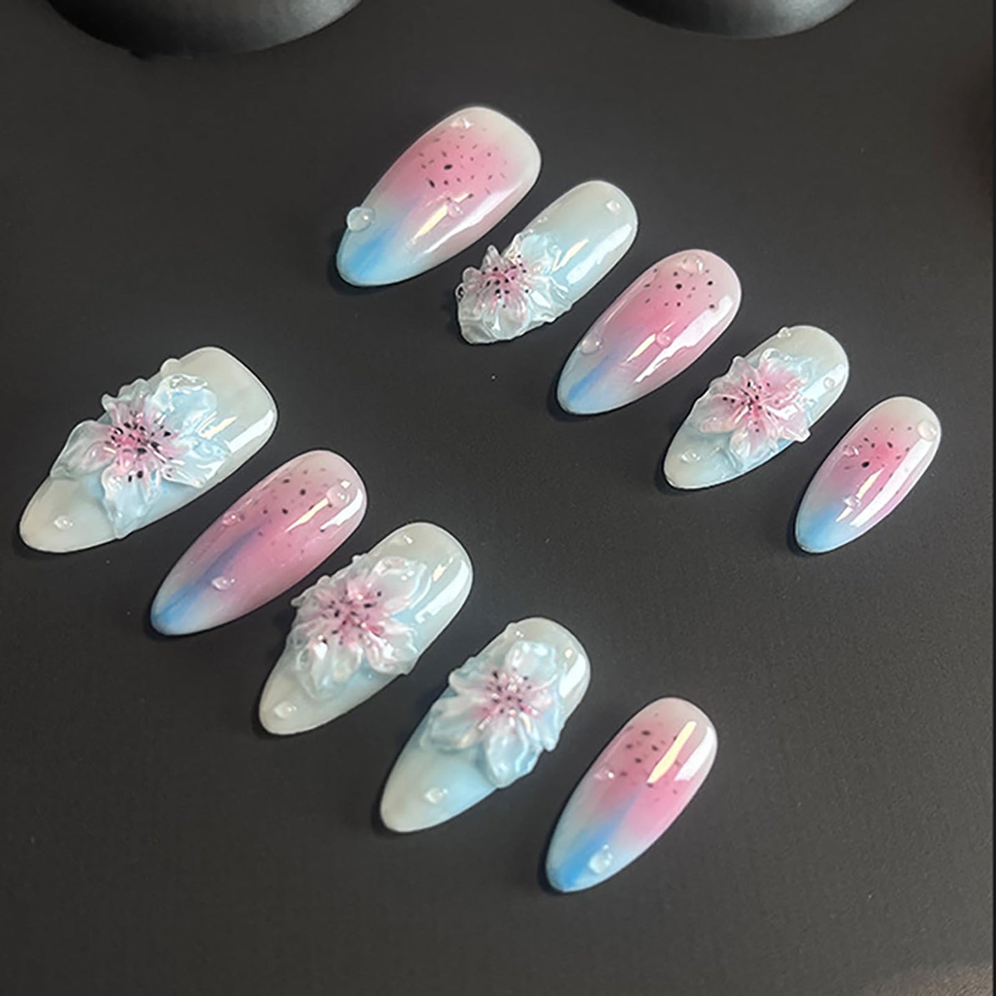 Luxury Press on Nails Medium Almond Handmade 3D Unique Reusable ABS Material Fake Nails Blue False Nails with Designs Pink&Blue Flower Water Drop Art Petal Glossy Thick Acrylic Nails(S)