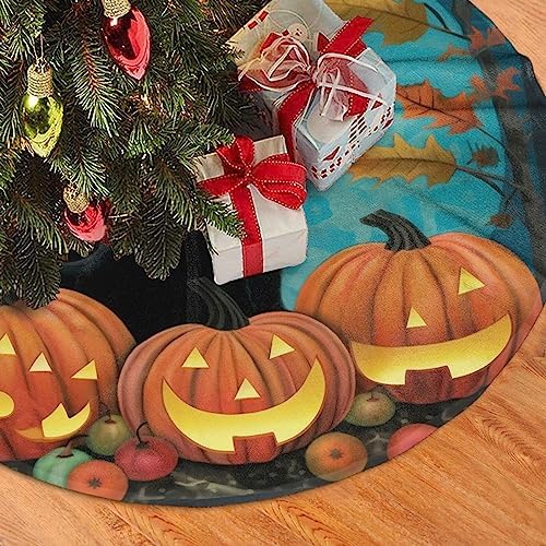Black Cats Pumpkins Leaves Christmas Tree Skirts 30", Xmas Tree Cloth Mats Trees Skirts for Indoor Decor Gift, Home Decoration