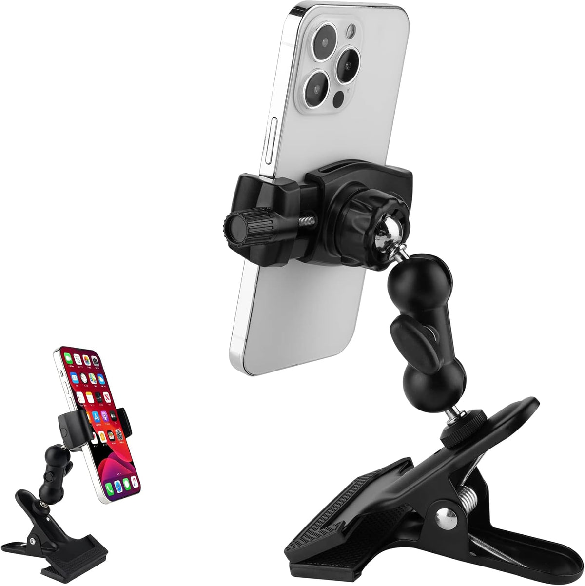 Clamp Phone Stand Holder for Desk/Table/Glass/Baffle/Easel/Guitar Head,360°Adjustable Aluminium Alloy Arm Metal Phone Mount,Compatible with iPhone/Nexus/HTC/LG/Huawei/Smart Phones