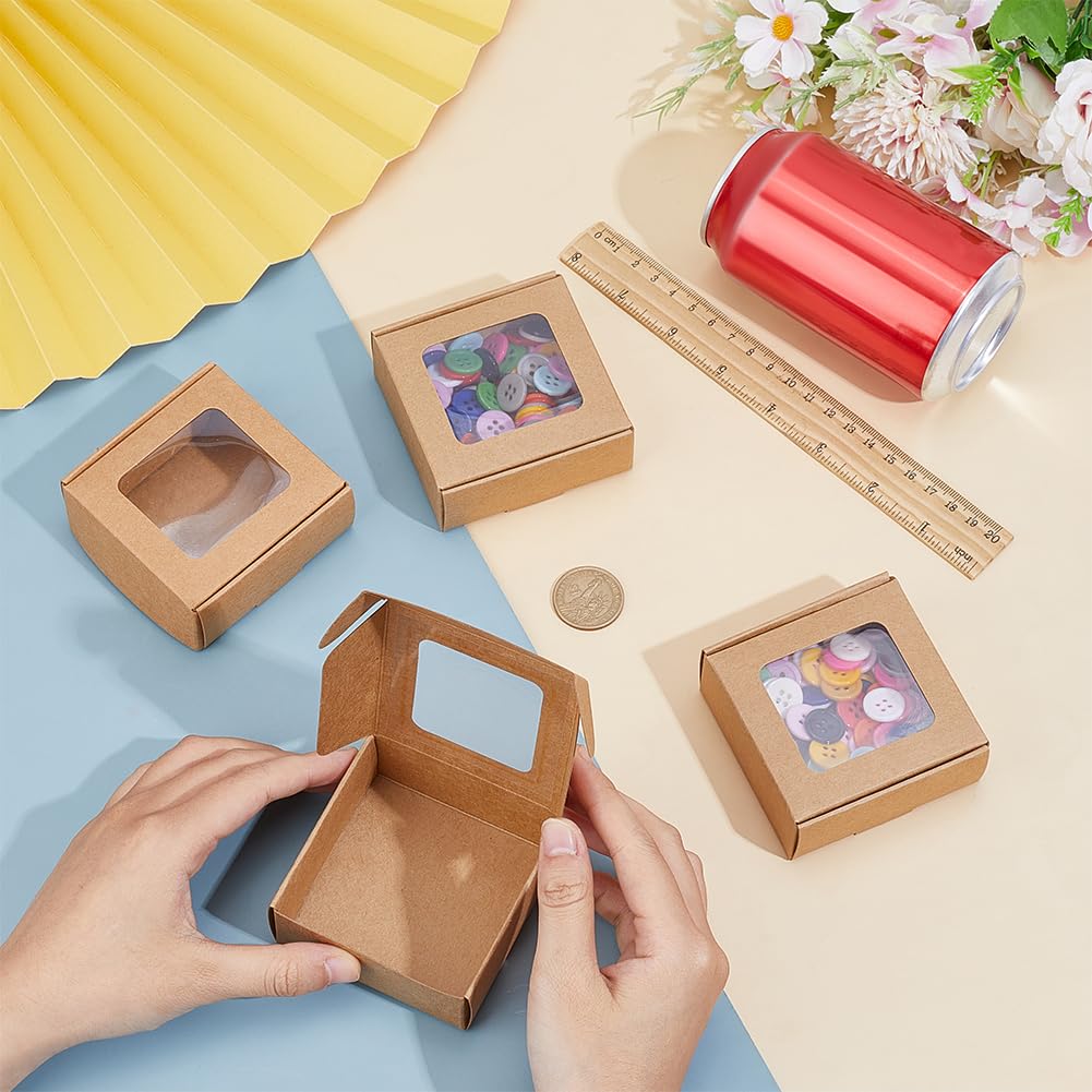 BENECREAT 60 Pack Square Clear Window Box, Brown Kraft Paper Container Party Favor Packaging Boxes, 3x3x1.2inch Foldable Design with Visible PVC Window for Wedding Treats & Crafts