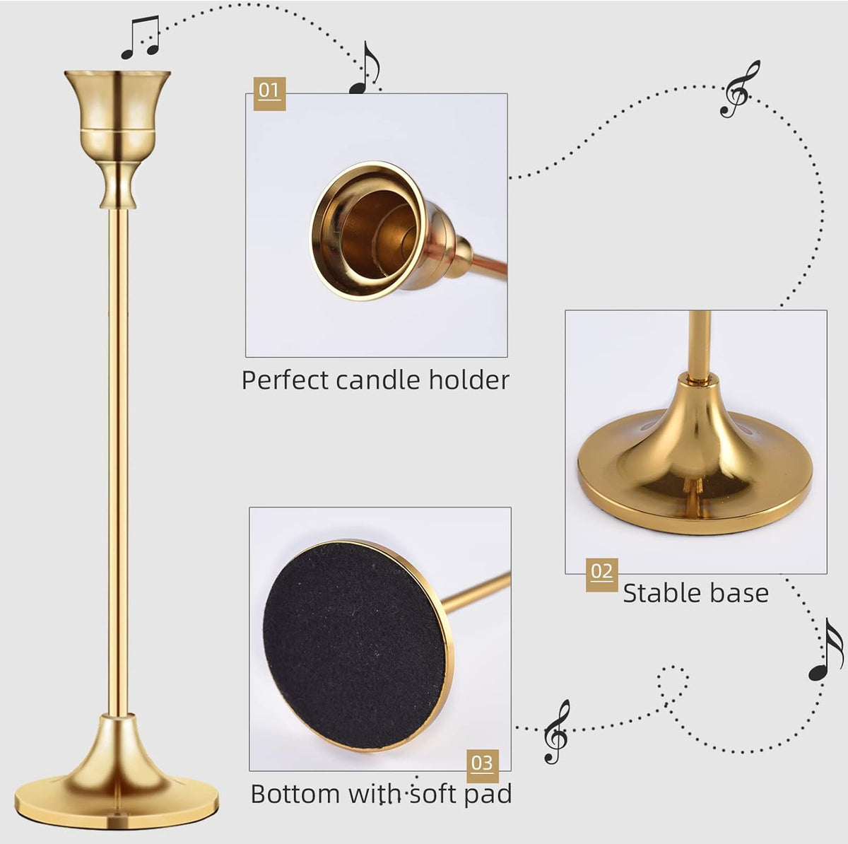Vintage Gold Brass Taper Candle Holders for Candlesticks, Fireplace & Party - Set of 3