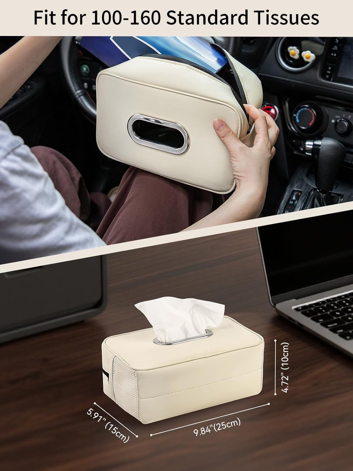 Multi-Functional Car Tissue Holder with ‌2 Storage Nets, Upgraded PU Leather Tissue Box Cover, Large Rectangle Napkin Organizer, Fit for 100-160 Regular Size Tissues, Keep Car Tidy, Beige