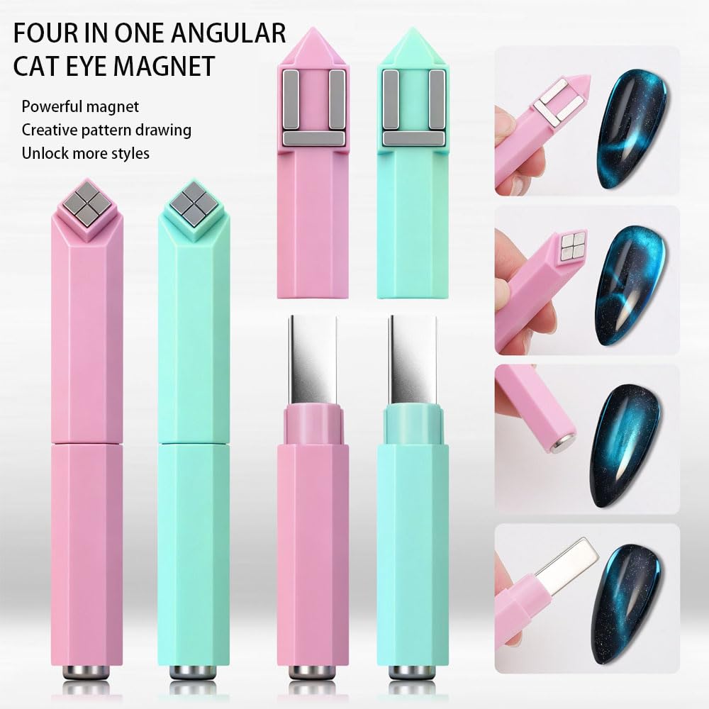 Vantico 3 pcs 4-in-1 Cat Eye Nail Magnet Set, Professional Magnetic Nail Art Tool in Pink, Mint, Red, Multi-Functional Design for Gel Polish