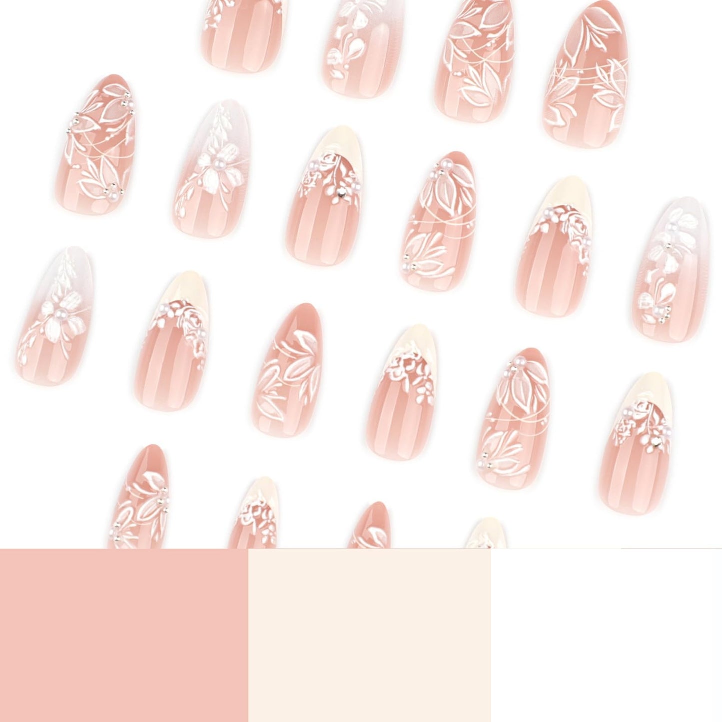 OCTOSWAVE Medium Press on Nails Almond Fake Nails French Artificial Nail Flowers Charm Stick on Nail for Women 24pcs