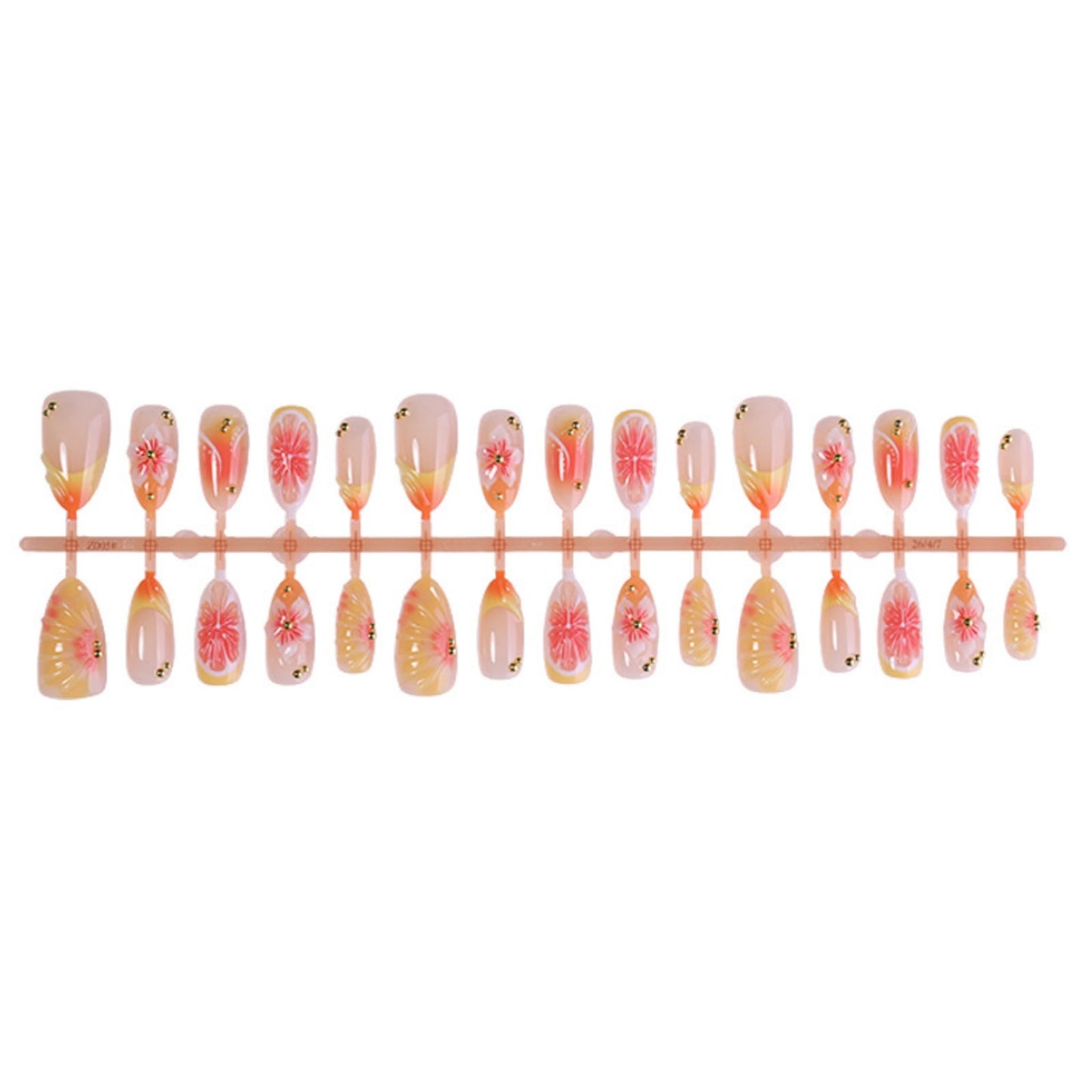 Medium Press on Nails Almond Fake Nails Orange and Red Artificial Nail Pink 3D Flower Gold Bead French Tip Design Glossy Summer Vacation Stick on Nail for Women 24pcs