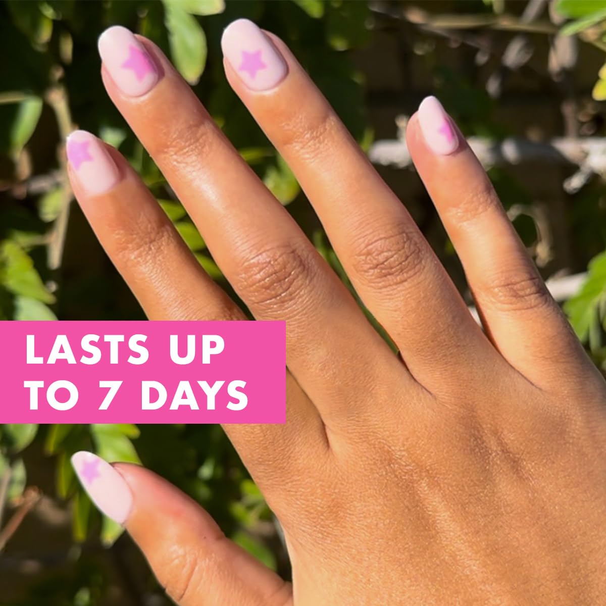 Olive & June Classic Super Stick Mani Press On Nails | No Glue Needed | 32 Tab Nails 16 Sizes | Non-Toxic Tabs Non-Damaging 7-Day Wear | Spring Flowers & Patterns | Extra Short, Round |Pink Star Party