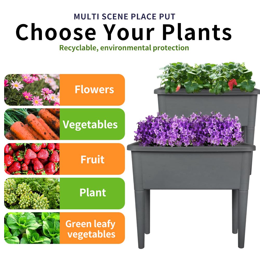 Megawodar 4 Pcs Self Watering Elevated Raised Garden Bed, Large Outdoor Plastic Planter Box Big Flower Plant Pot for Planting Flowers Vegetables and Herbs (4, Dark Grey)