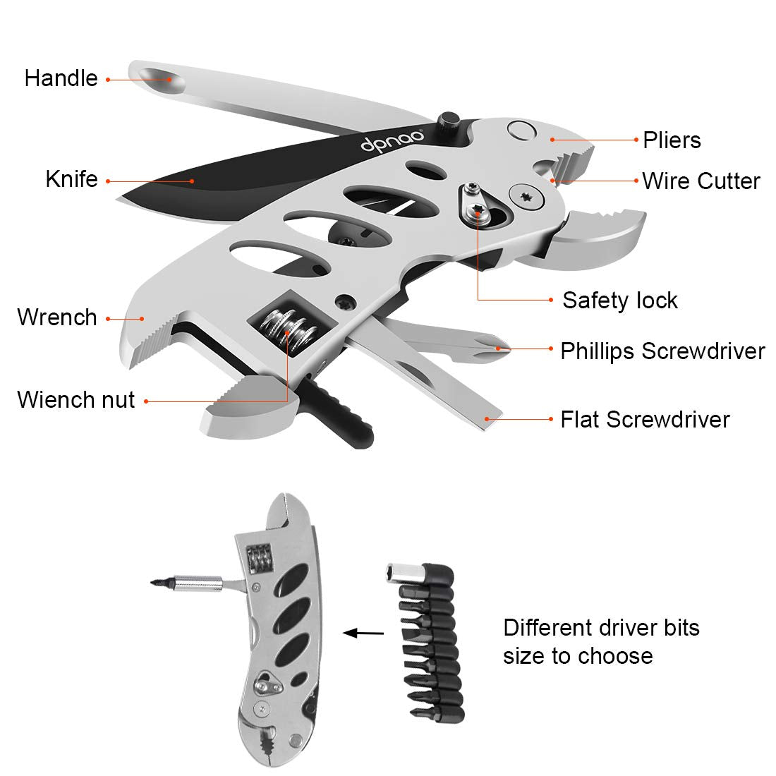 dpnao Multitool Wrench With 7 Tools/Pliers/Wire Cutter/Flat Screwdriver/Phillips Screwdriver/Portable Folding Multifunctional Adjustable Multi Purpose Stainless Steel Tool