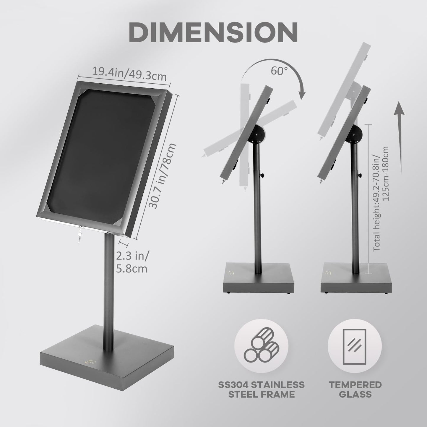 Vaste Large Steel Menu Displays Adjustable Floor Standing Holder Advertising Display with Cover Heavy-duty Base LED Lights Locks for Shopping malls restaurants conferences exhibitions（Black）