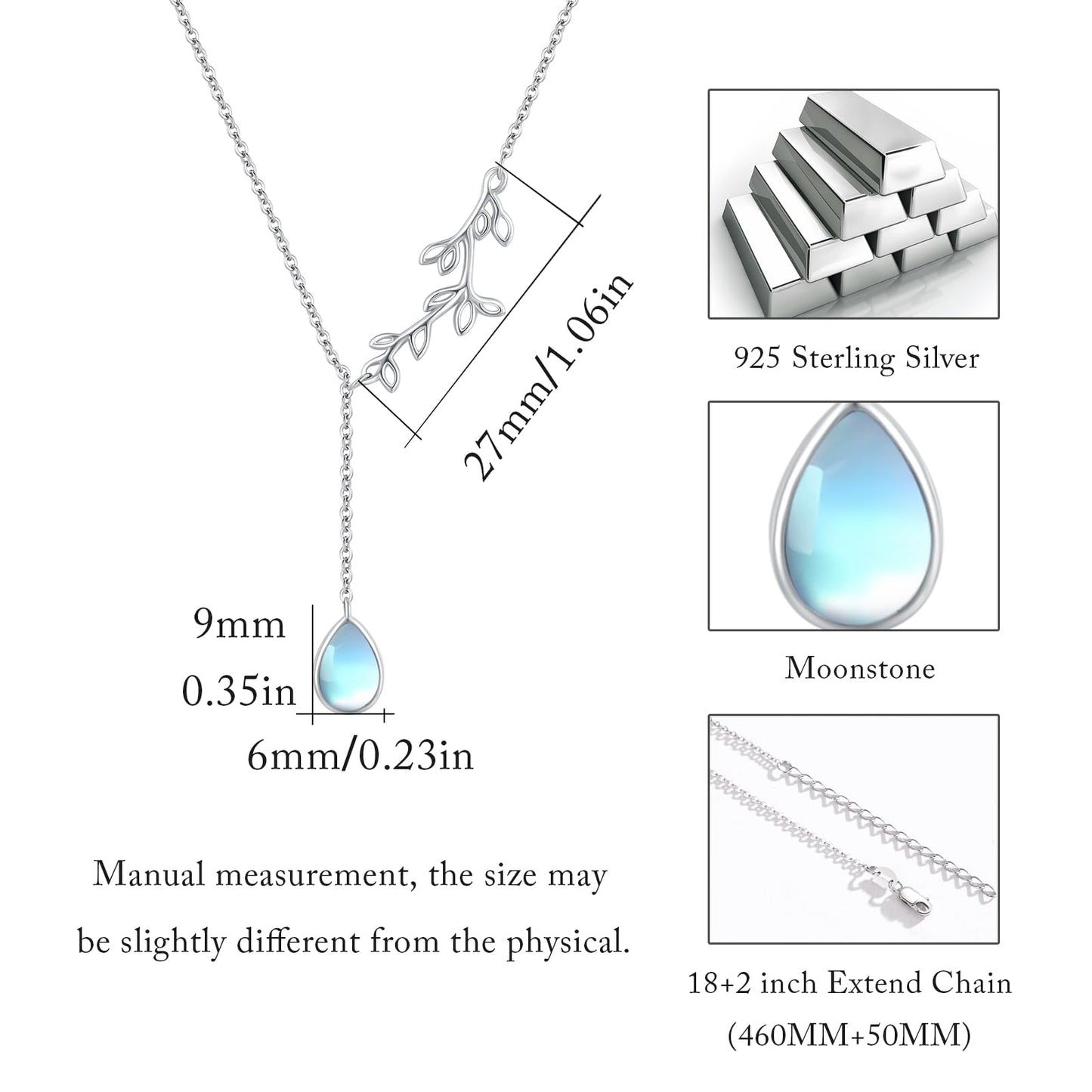 Silikepa Leaf Necklace for Women 925 Sterling Silver Leaf Pendant Necklace Y-Shaped Chain With Moonstone Jewelry Gift for Women