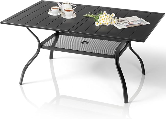 Outvita Outdoor Patio Table for 6 Person, Black Rectangular Metal Frame Patio Classic Dining Table with 1.65" Adjustable Umbrella Hole for Garden Lawn Backyard Deck, 60" L x 35" W x 29" H