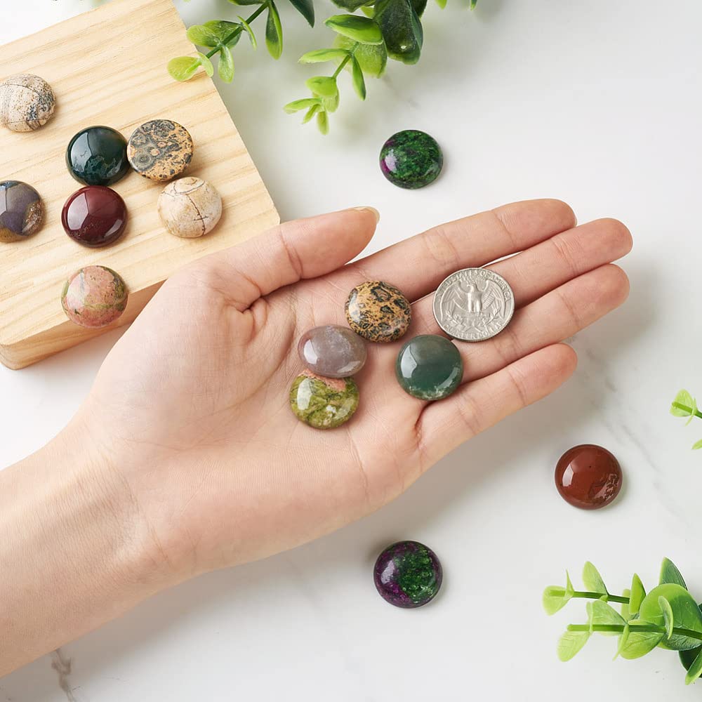 Fashewelry 14pcs 20mm Mixed Natural Round Stone Cabochons Flatback Gemstone Dome Cabs for Blank Bezel Pendant Tray, Wire Wrapping Necklace Bracelet Jewelry Making