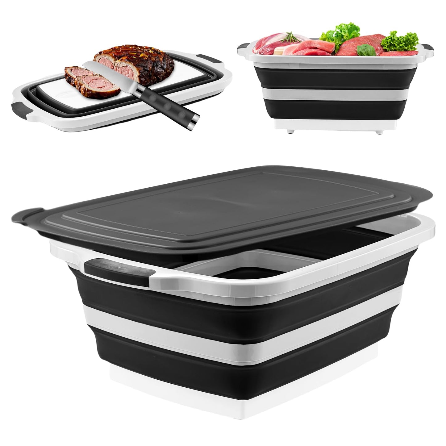BBQ Prep Tub with Lid and Cutting Board, Collapsible Barbecue Tool Set for Marinating, Meal Prep, Food Storage, Grilling, Camping and Outdoor Cooking, Dishwasher Safe, Black XX-Large