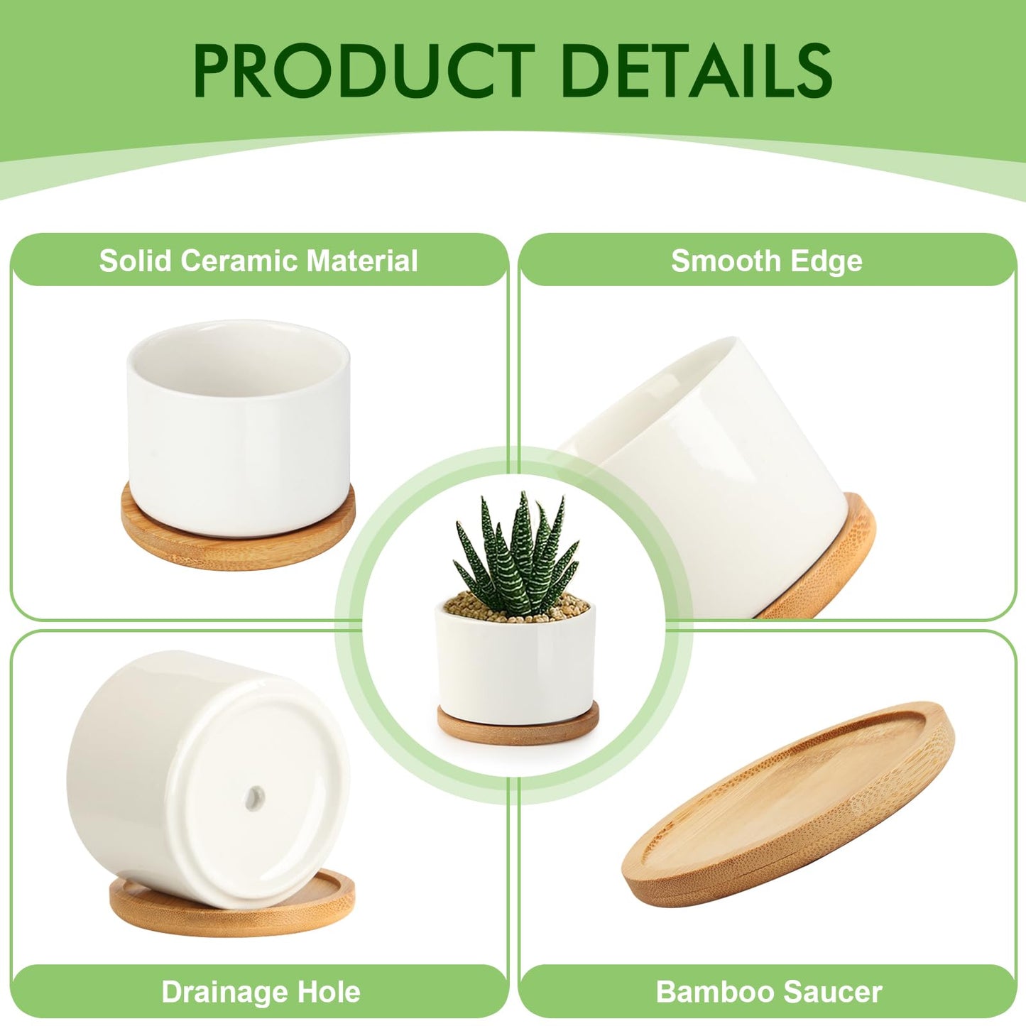 ZOUTOG Ceramic Succulent Pots,3.6 Inch Plant Pots,Succulent Planters with Drainage Hole & Bamboo Tray for Indoor Plants,White Small Flower Planters for Home,Office,Desk(6 Pack)