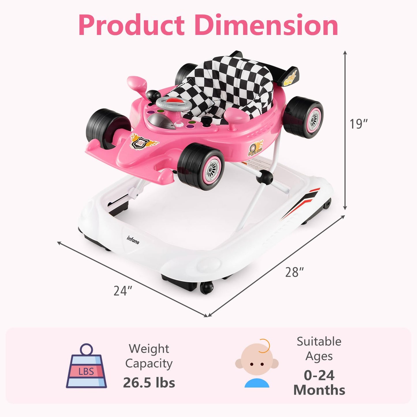 INFANS Foldable Baby Walker, 3 in 1 Toddler Activity Center Leaning-Seated Walk-Behind with Steering Wheel, Adjustable Height, Lights, Music, Washable Seat Cushion (Pink)
