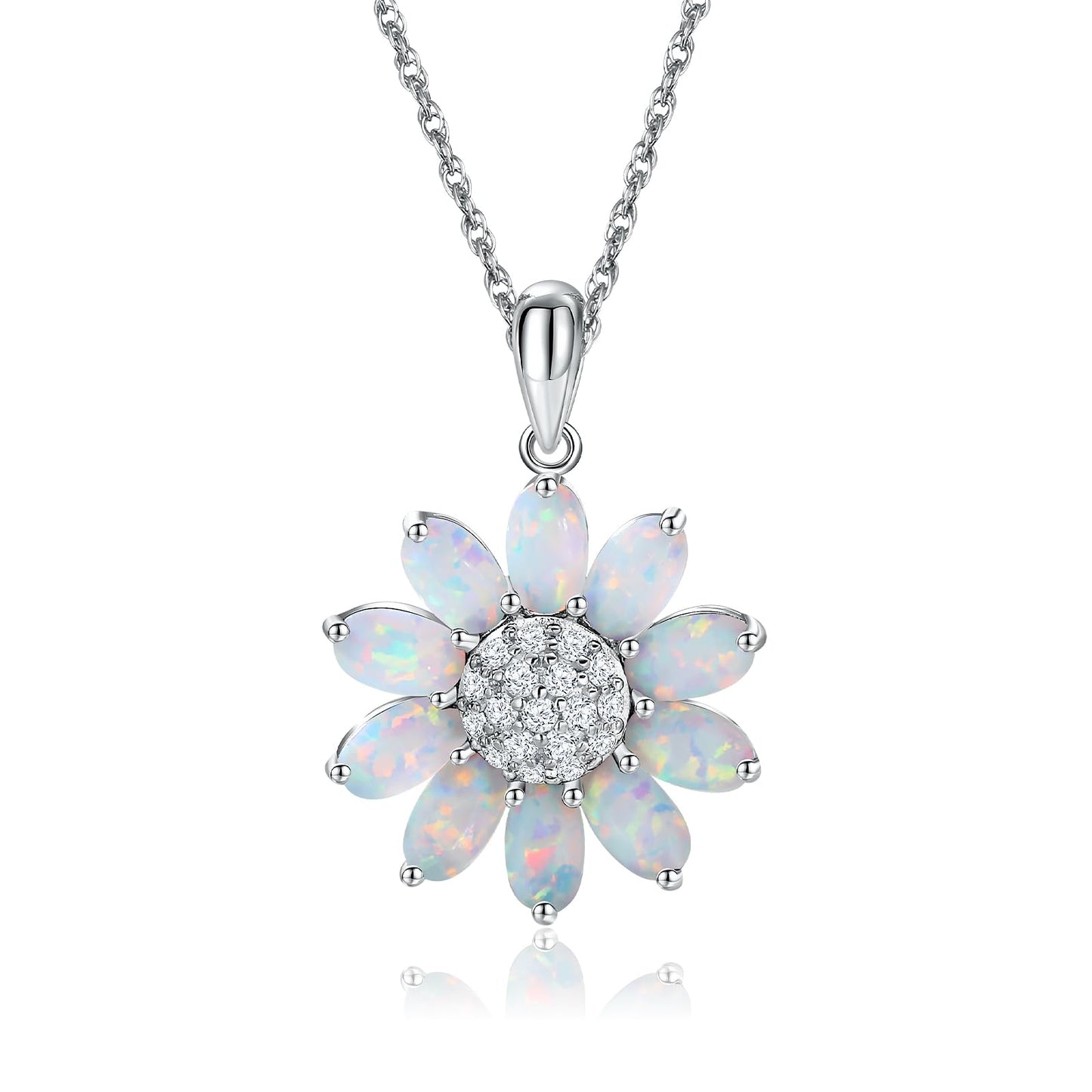 RANDES Opal Sunflower Necklaces for Women 925 Sterling Silver Dainty October Birthstone Pendant Created Opal Flowers Necklace