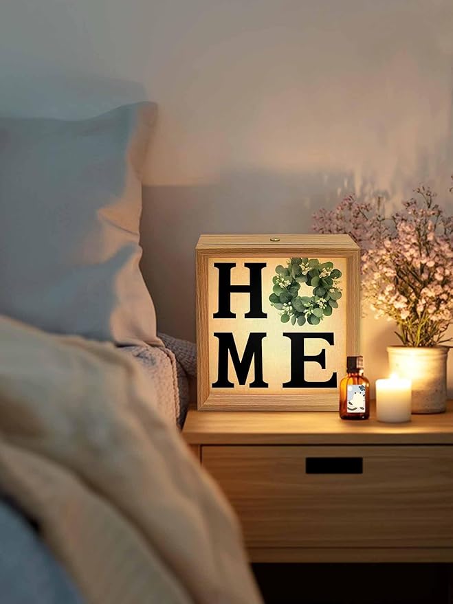 Wood Night Light Box 4.5x4.5in,Home Green Eucalyptus Leaves Garland Table Lights Wooden Picture Frame with USB Rechargeable Touch LED Lights for Home Decor Desktop Display,Retro Linen