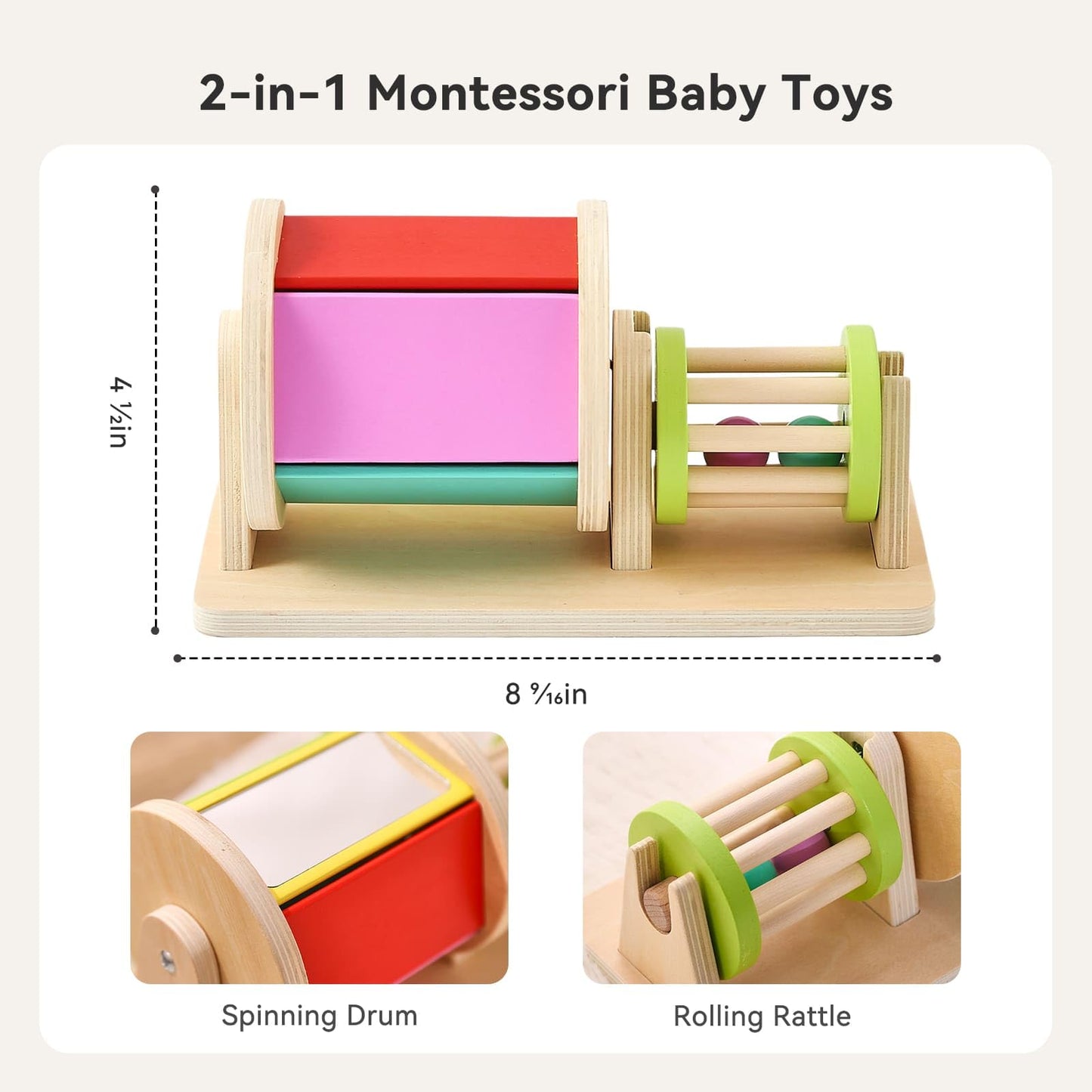 IEATFO Tummy Time Toys with Large Baby Mirror, Rain Stick Sensory Sound Training, Spinning Drum & Rolling Rattele