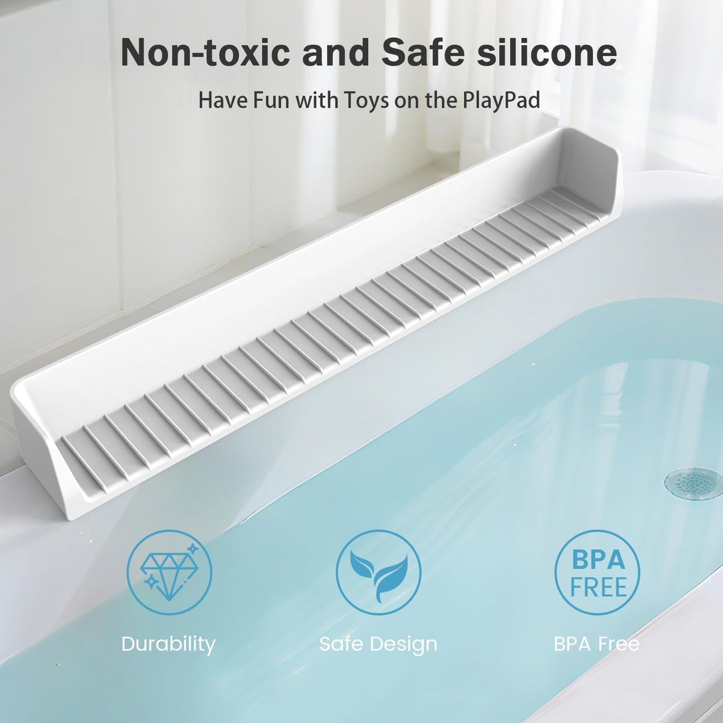Blgiont Bathtub Splash Guard PlayPad Shelf Area with Strong Suction Cups, Toy Tray Caddy Holder Storage Over Tub, Bathtub Ledge Guard, No Mess Water, Splash Protection Water Barrier for Bathroom-White