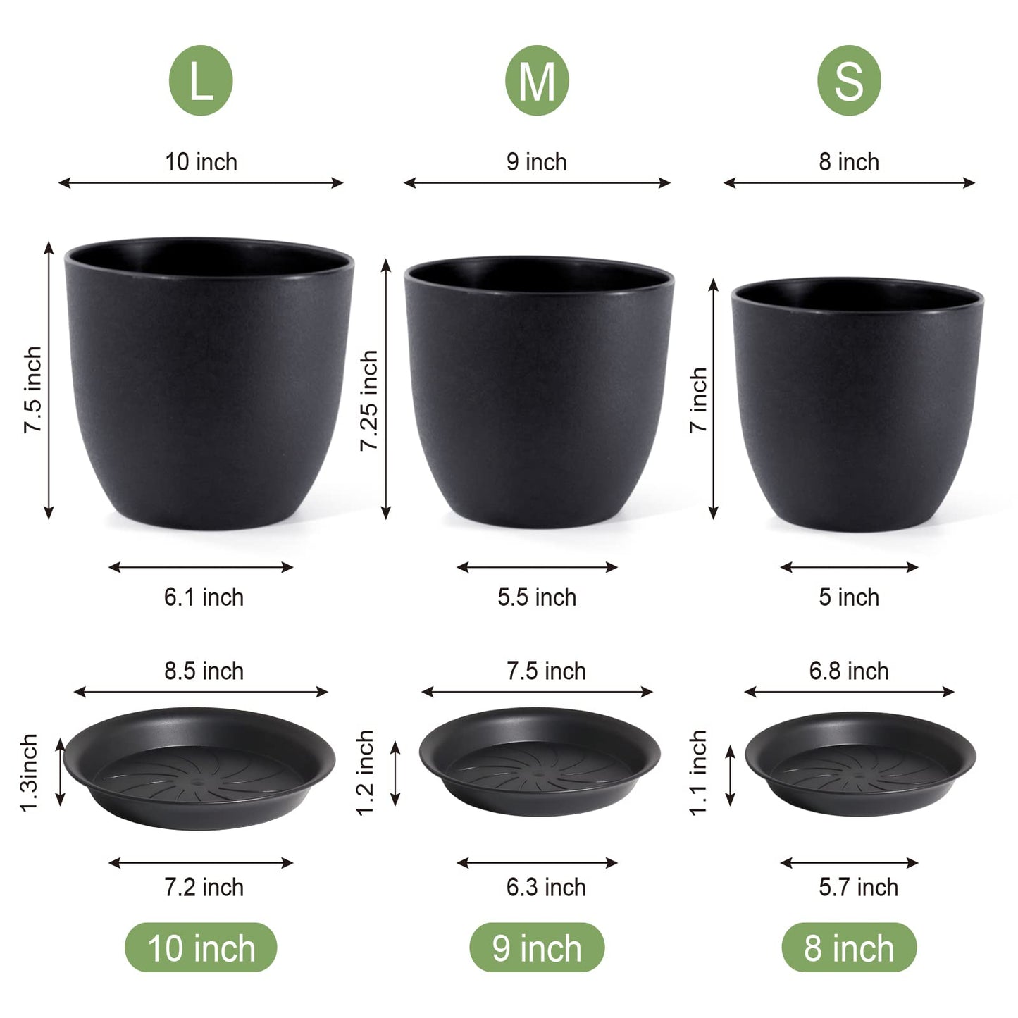 WSMKSZ 10/9/8 inch Medium Plant Pots, 3 Pack Modern Decorative Plastic Planters with Drainage Holes and Saucers, Flower Pots for Indoor Outdoor Plants, Black