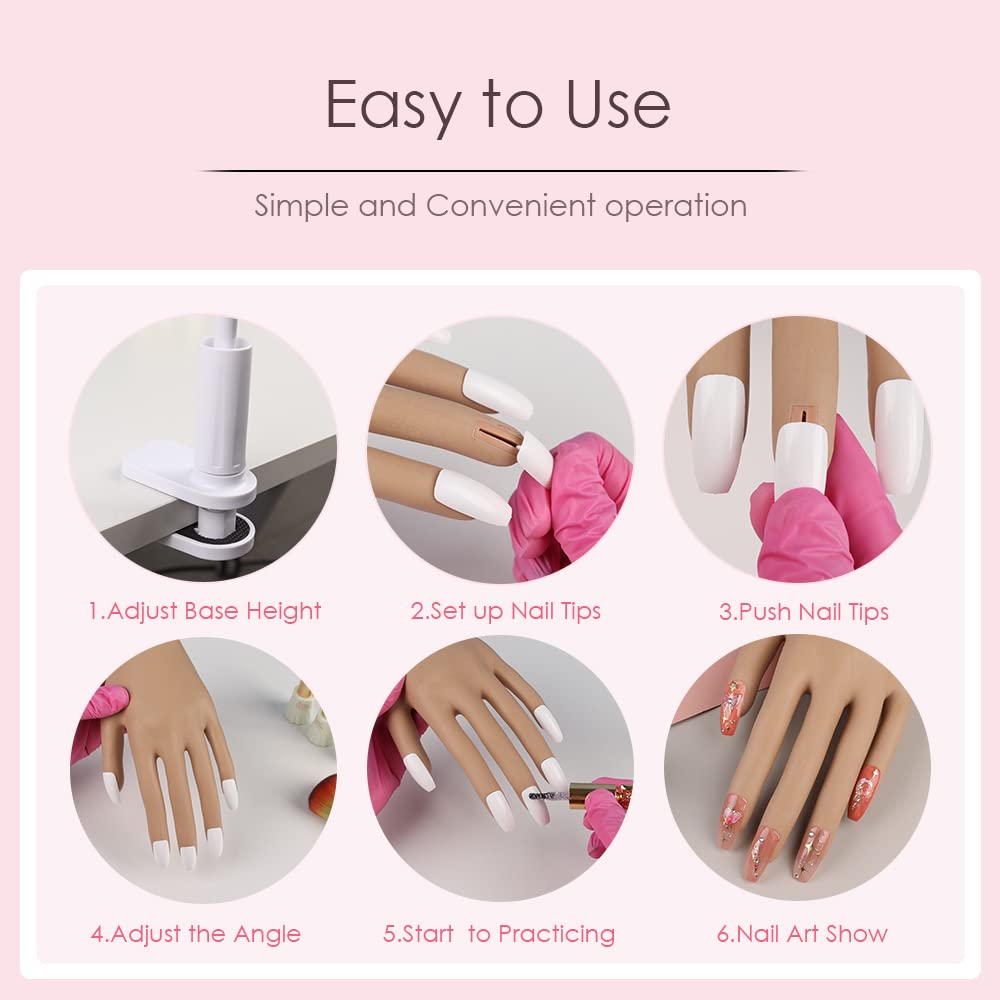 KnowU Practice Hand for Acrylic Nails, Flexible Silicone Mannequin Hand for Nails with Adjustable Stand, 100PCS Nail Tips Included, Adjustable Nail Hand Practice Model for Beginners