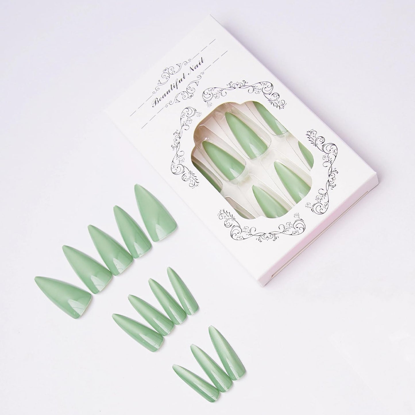 MISUD Press on Nails - Long Stiletto Fake Nails with Summer Green Cat Eye, Acrylic Bling Glitter Design 24 pcs