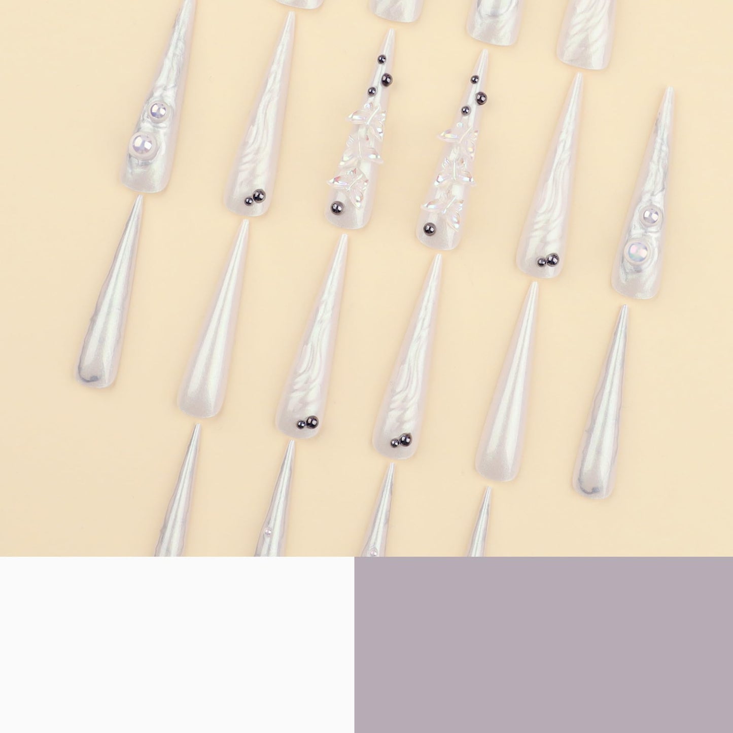 IMRAIN Press on Nails Long Stiletto Fake Nails White Chrome Glossy Glue on Nails Full Cover Pearl Extra Long Acrylic Nail Kit Stick on False Nails for Women Girls 24Pcs