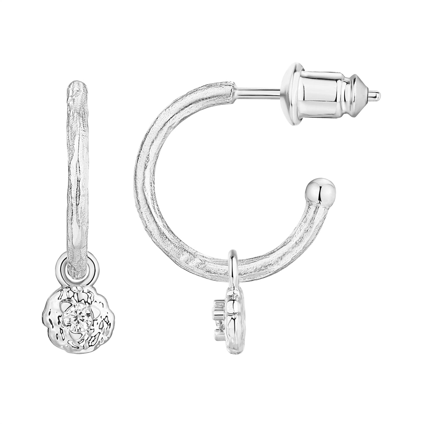 PAVOI 14K White Gold Plated 925 Sterling Silver Post Hammered Open Huggie hoop Earring With CZ Dangle | Womens PAVOI Earrings | Small Huggie Earring With Round Dangle