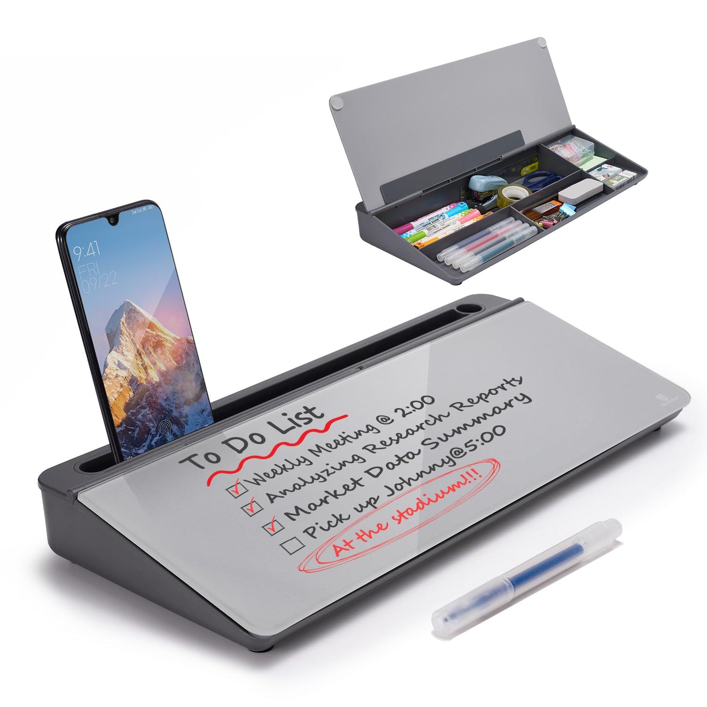 TSJ OFFICE Desktop Whiteboard Dry-Erase-Board - Computer Keyboard Stand White Board Surface Pad with Drawer, Desk Organizers with Accessories for Office, Home, School Supplies - Complete Grey