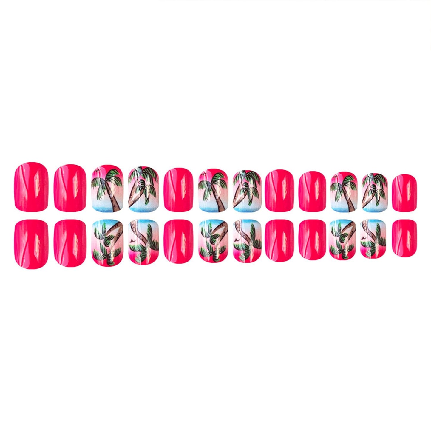 Summer Beach Press on Nails Tropical Palm Tree Designs Pink Gradient Sunset Short Square Vacation Fake Nails Reusable Full cover Stick on False Nail Set for Women 24 Pcs