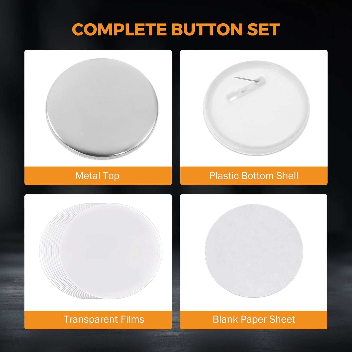 BEAMNOVA 200 Sets of Button Parts Supplies 58mm / 2.28 in (Approx. 2-1/4 inch) for Round Button Maker Machine Pin Maker, Every Set Includes Tinplate Top, Plastic Clip Bottom & Plastic Film