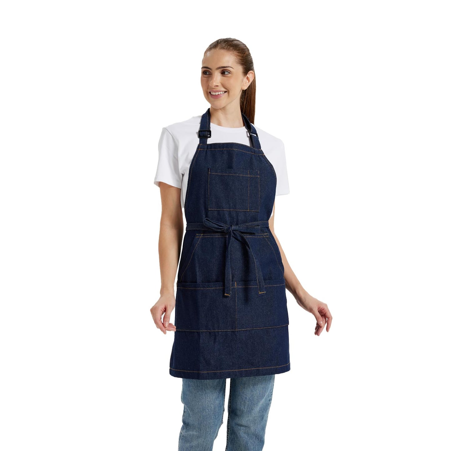 CIRCOOLE Chef Apron for Men Women with Large Pockets, Adjustable Denim Apron for Cooking, Baking, Gardening, Woodworking, Painting,Size M to XXL(Blue)